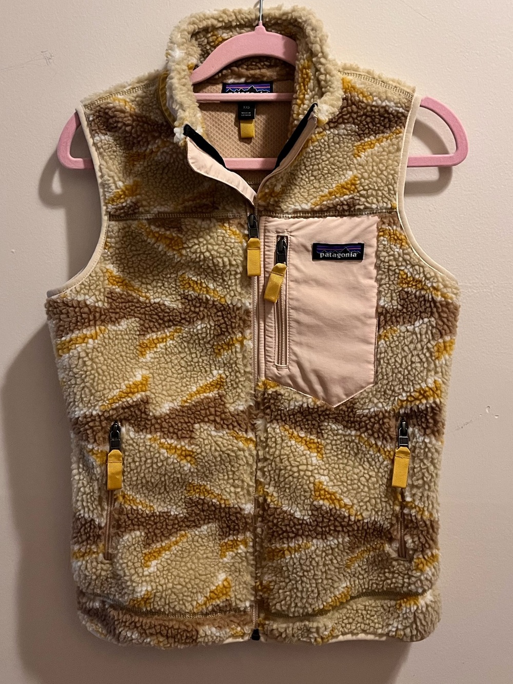 Patagonia Sherpa Vest in Cream, Brown & Yellow Women’s XXS